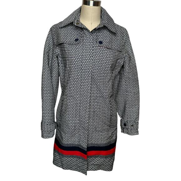 Boden Navy Blue Red Pattern Cotton Trench Coat Rain Jacket W. Hood Size 4 - Picture 1 of 6